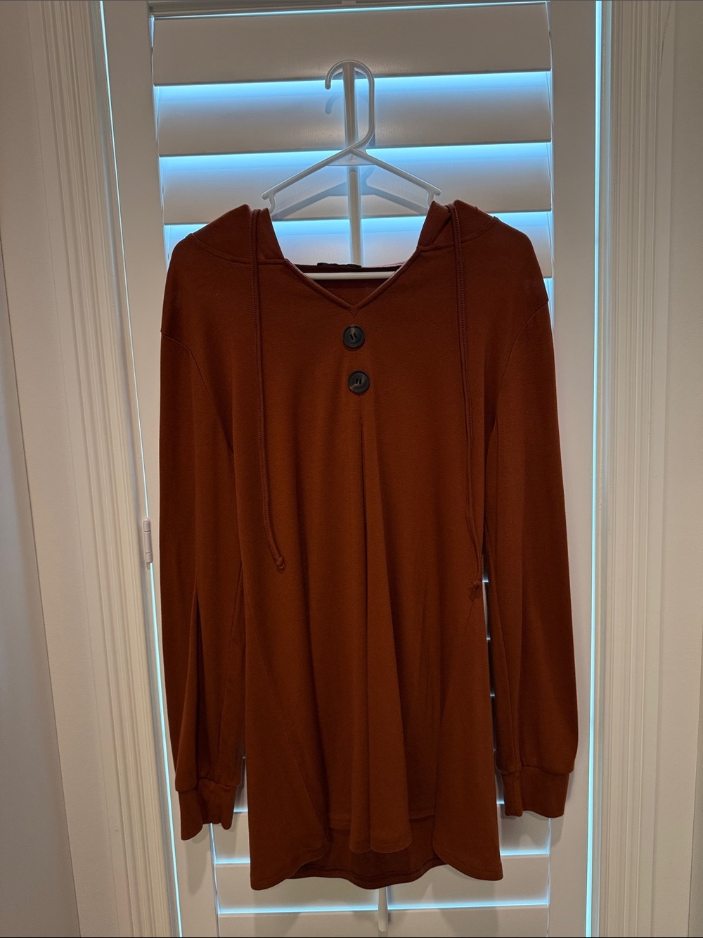 Lotusmile Rust Brown Hooded Tunic Top Button Front - Medium